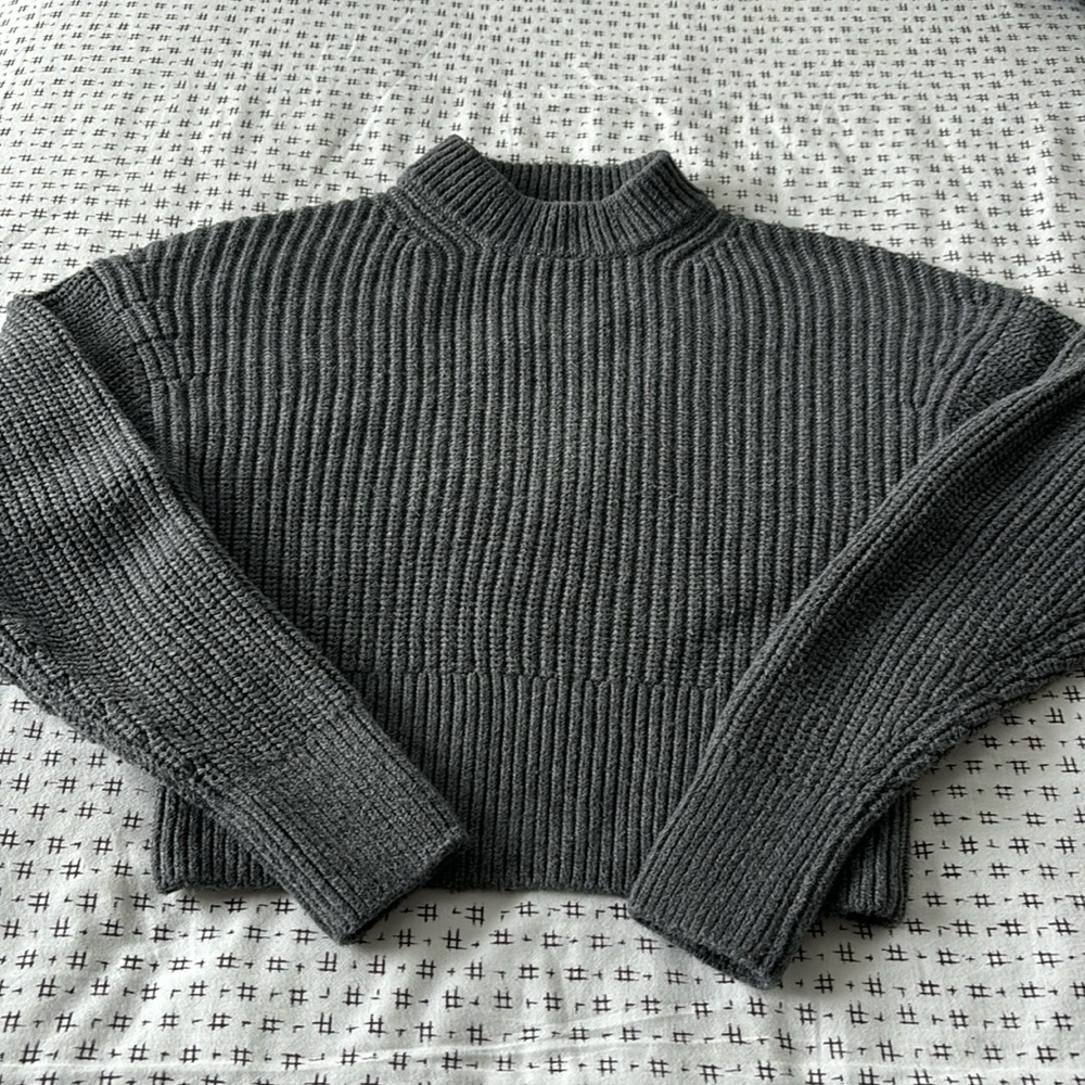 Everlane dark gray cotton sweater, ribbed knit, cropped, funnel neck, size XXS